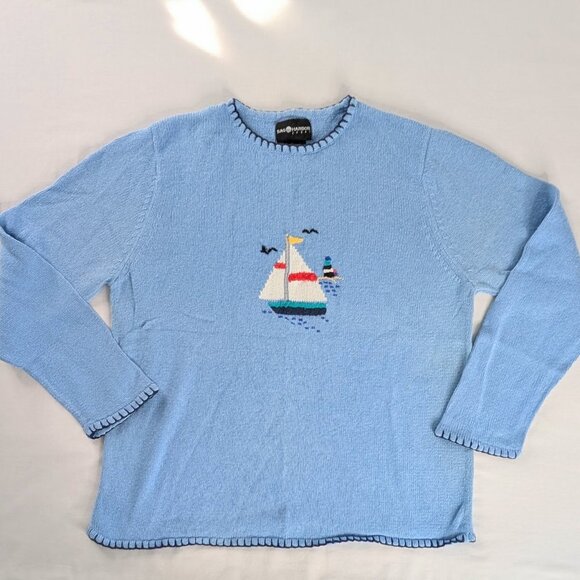 VTG Light Blue Chunky Knit Sailboat Lighthouse On The Water Nautical Sweater - Picture 1 of 6